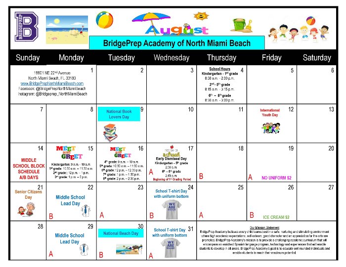 August calendar - News and Announcements